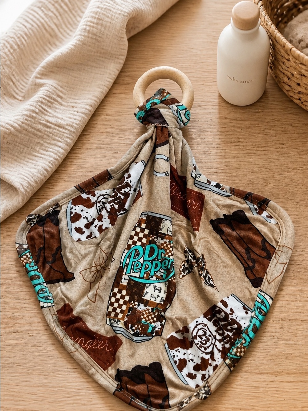 NWT BAMBOO Baby Lovie With Wood Teething Ring Dr Pepper Design